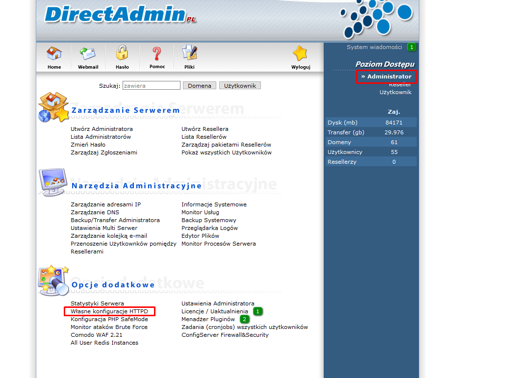 Direct Admin panel screenshot